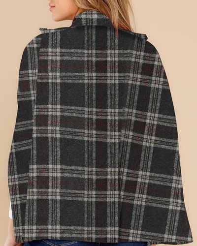 Vista 2 de MISUMALLS Poncho a cuadros para mujer, cuello abatible, doble botonadura con botones y bolsillos