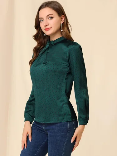 Vista 2 de Allegra K Blusa de satén de manga larga abombada con volantes y cuello torcido para mujer
