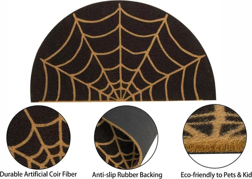 Vista 4 de Spider-Web Felpudo de bienvenida al aire libre, entrada, tapete de medio círculo, tapete antideslizante de fibra de coco artificial, decoración