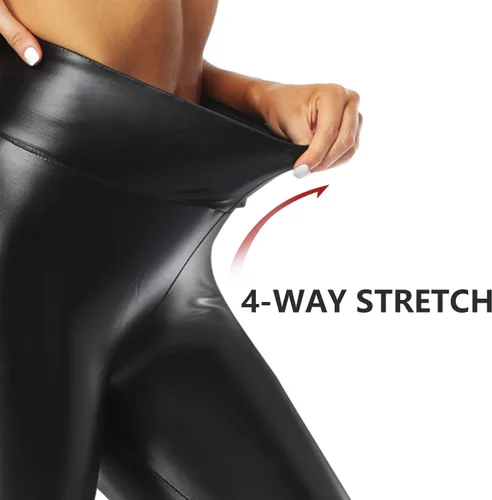 Vista 3 de Leggings de piel sintética para mujer, cintura alta, sexy, levantamiento de glúteos, poliuretano elástico con forro polar fino