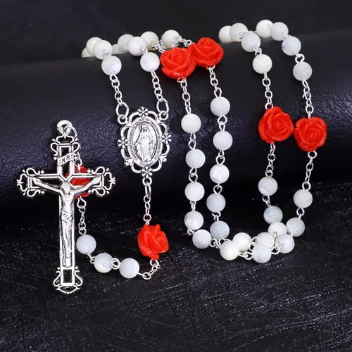 Vista 3 de Rosary Beads Catholic for Women Gemstone Rosary Beads Necklace with Crucifix Cross Crystal Pearl Rosary Rosarios Catolicos Catholic Gifts