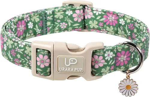 Vista 37 de Collar de perro floral azul, collar floral de algodón ajustable para primavera y verano con colgante de margarita, hebilla de liberación rápida