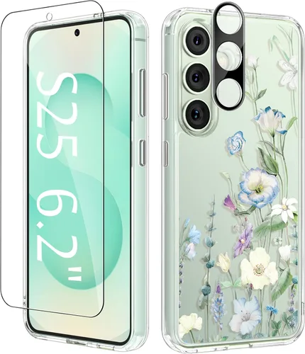 Vista 93 de GVIEWIN Funda protectora para Samsung Galaxy S25, transparente floral, delgada, a prueba de golpes, para mujer, no se pone amarilla, con protector