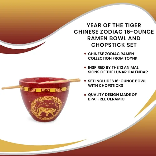 Vista 7 de Year Of The Tiger - Juego de vajilla de cerámica del zodiaco chino Incluye cuenco de fideos ramen de 16 onzas y palillos de madera Juego