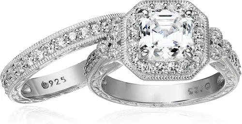 Vista 12 de Amazon Essentials Anillo antiguo de plata de ley chapada en platino o oro con circonita cúbica de elementos infinitos de corte Asscher