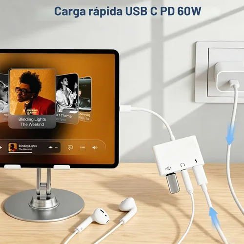 Vista 3 de INVERSE NET USB C a 3.5mm Adaptador de Audio OTG, Adaptador USB-C a USB 3en1 con Conector de Auriculares de 3.5mm y Carga Rápida PD de 60W