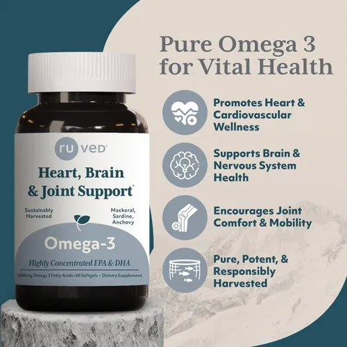 Vista 2 de Ruved 1000mg Omega-3, Omega 3 puro y potente para el bienestar diario, ácidos grasos esenciales para el cerebro, las articulaciones y la salud