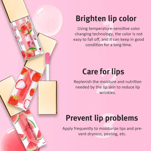 Vista 3 de evpct 3 Piezas Melocotón Fresa Sandía Mini Brillo Labial Tintado Transparente que Cambia de Color según el PH Conjunto para Mujeres Niñas Aceite