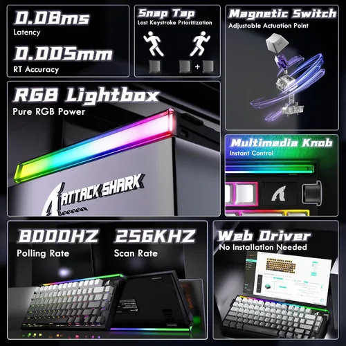 Vista 9 de Interruptor magnético de teclado de disparo rápido ATTACK SHARK R85 HE con caja de luz personalizada, teclado mecánico con cable del 75%, tasa