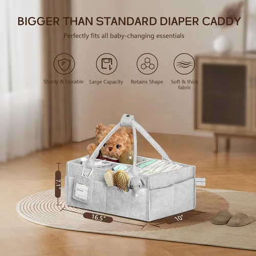 Vista 2 de GEMII Organizador de pañales – Organizador grande para bebés con asa para artículos esenciales para recién nacidos, niños o niñas (gris, grande)