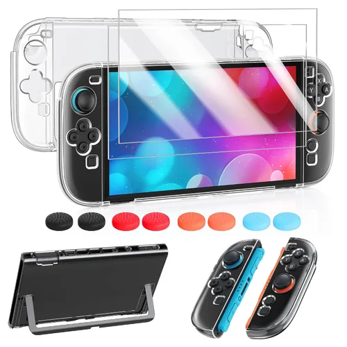 Vista 9 de FYOUNG Protective Case for Switch, Slim Hard Shell for Switch Accessories, Scratch&Shock Protection Cover with Screen Protector, 8 Thumb Grip(Clear