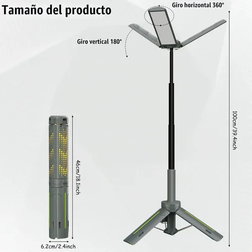 Vista 2 de Luces de campamento recargables con soporte, luces de trabajo telescópicas inalámbricas con 3 cabezales de lámpara LED, linterna de trípode