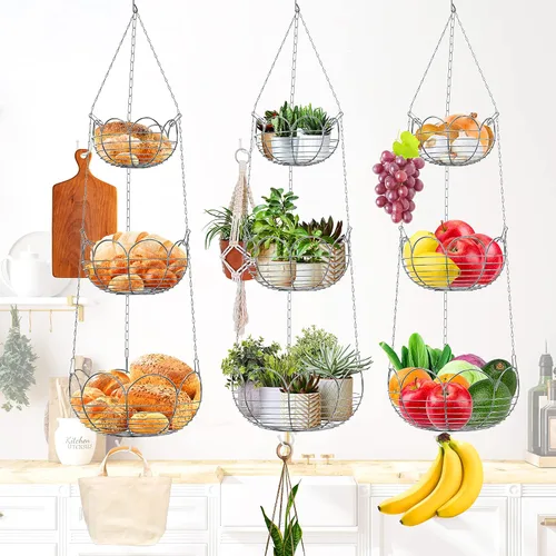 Vista 6 de Simple Houseware - Cesta colgante moderna para frutas de 3 niveles, cromado