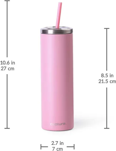 Vista 7 de Taza Cupture de acero inoxidable delgada con aislamiento, con tapa y pajita reutilizable - 16 oz (Rosa brillante)