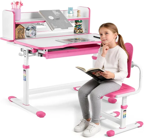 Vista 12 de Artist hand Kids Desk and Chair Set, Height Adjustable Desk with 0-40° Tilting Desktop, 2-Tier Bookshelf, Tablet Stand, Drawer, Hook and Ergonomic