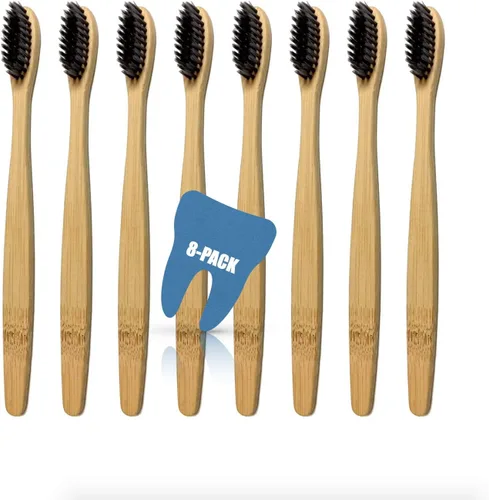 Vista 2 de Cepillo de dientes de bambú orgánico sin BPA, con cerdas sin pegamento, compostable, biodegradable, vegano (paquete de 8) (negro, cerdas suaves)