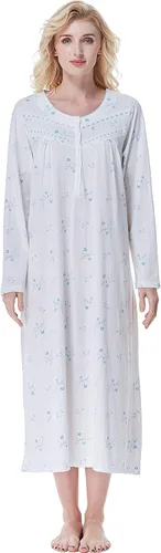 Vista 16 de Keyocean Camisones para mujer, de algodón suave, cómodo, ligero, de manga larga, vestidos de noche para mujer Azul