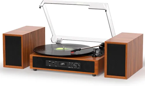 Vista 14 de Reproductor de discos Bluetooth retro con altavoces externos, tocadiscos de 3 velocidades con transmisión por correa, grabación USB a PC, salida AUX