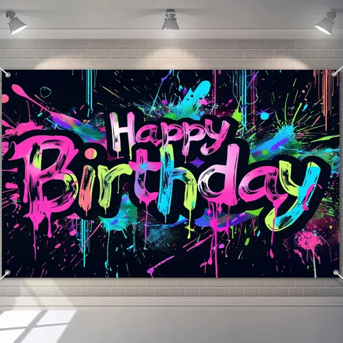 Vista 24 de HOMETITUTE Pancarta de Neón de Feliz 10mo Cumpleaños 71 x 43 pulgadas, Salpicadura de Pintura que Brilla en la Oscuridad, Telón de Fondo
