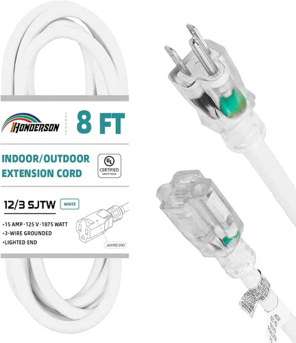 Vista 7 de Cable de extensión resistente a la intemperie con extremo iluminado, certificado UL, calibre 10, 3 pies, color blanco, 3 clavijas, resistente, cable