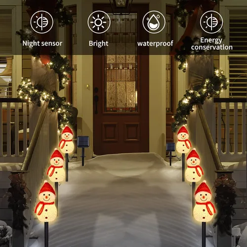 Vista 8 de 3 piezas de luces de Navidad solares con forma de muñeco de nieve, luces solares para caminos de paisaje con estacas, luces de Navidad