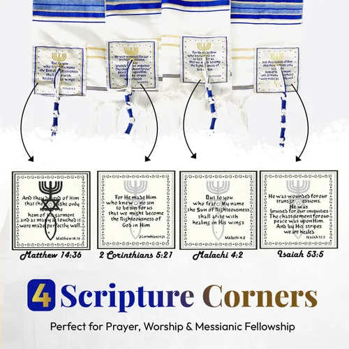 Vista 2 de Holy Land Market Mantón mesiánico de oración Tallit azul reydorado con bolsa, tarjeta y folleto a juego de Israel