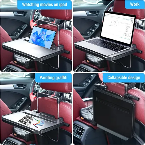 Vista 8 de VarCozy Bandeja para Volante de Coche, Bandeja Colgante Plegable para Reposacabezas Trasero con Bandeja Expandible y Ranura para Bebidas, Escritorio