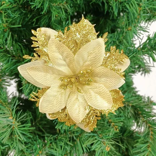 Vista 2 de Gardeningwill Paquete de 12 adornos colgantes dorados de 5 pulgadas con forma de flor con purpurina para fiestas