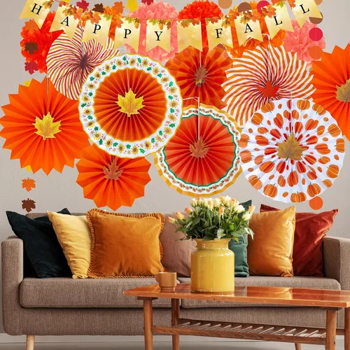 Vista 5 de Winlyn Paquete de 21 decoraciones de fiesta de otoño a granel, color naranja tía, abanicos de papel colgantes, pancarta de feliz otoño, pompones