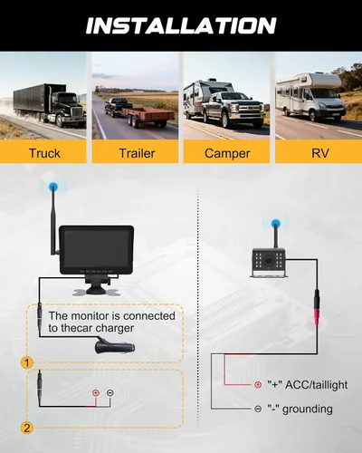 Vista 7 de RETRUE Cámara de respaldo para remolque, cámara de respaldo inalámbrica con monitor de 7 pulgadas 1080HD, IP68 resistente al agua 170 ° visión