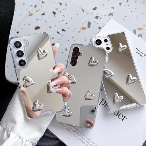 Vista 3 de Funda para Samsung Galaxy A24 5G con espejo plateado lindo corazón claro parachoques delgado fundas protectoras para Samsung Galaxy A24 5G corazones