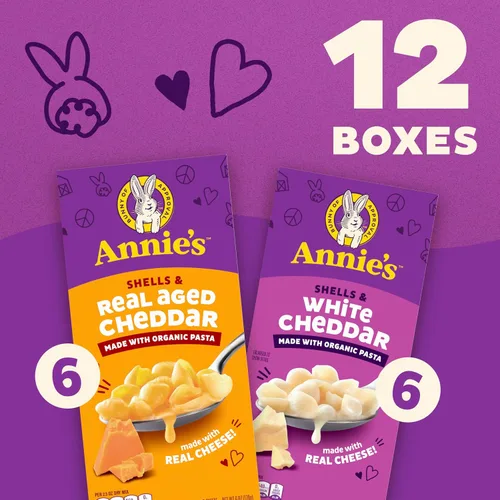 Vista 3 de Annie's - Paquete variado de macarrones y queso orgánicos, conchas y cheddar blanco y conchas y queso cheddar envejecido real, 6 onzas