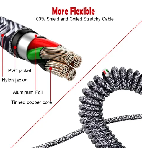 Vista 4 de Cable USB-A a Lightning en espiral de 90° (negro cebra) – trenzado, carga rápida, cable de carga de coche en ángulo recto, estiramiento de 2 a 8