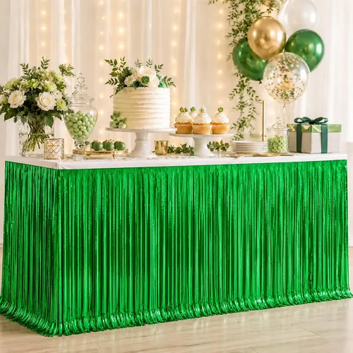 Vista 15 de Faldas de mesa de oropel de papel metálico con flecos para mesas rectangulares, cortinas de serpentina, telón de fondo para cumpleaños, boda