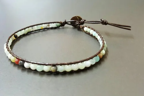 Vista 2 de Infinityee888 - Tobillera con cuentas de amazonita de 10 pulgadas, tejida con cordón de cuero, hecha a mano, estilo hippie, bohemio, unisex, idea