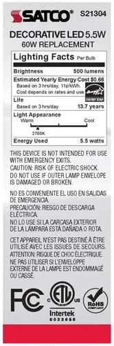 Vista 6 de Satco 6Pk 5.5w CA10 LED 2700K Candelabro Base regulable - 60w equiv