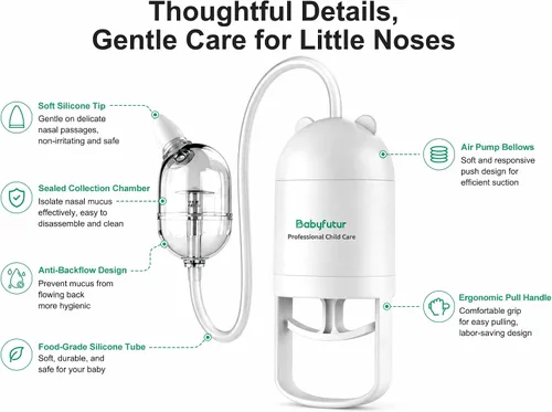 Vista 2 de Aspirador nasal para bebés para recién nacidos y niños pequeños – Succionador de nariz manual, puntas de silicona suave sin BPA, diseño