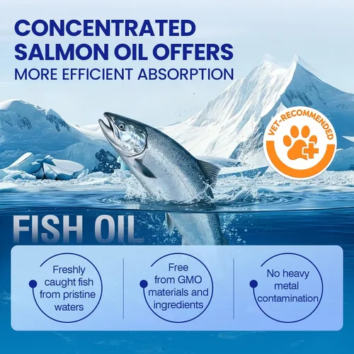 Vista 5 de Suplemento de Omega 3 para piel y pelaje para perros 200 masticables, suplementos de aceite de pescado para perros con ácidos grasos EPA y DHA