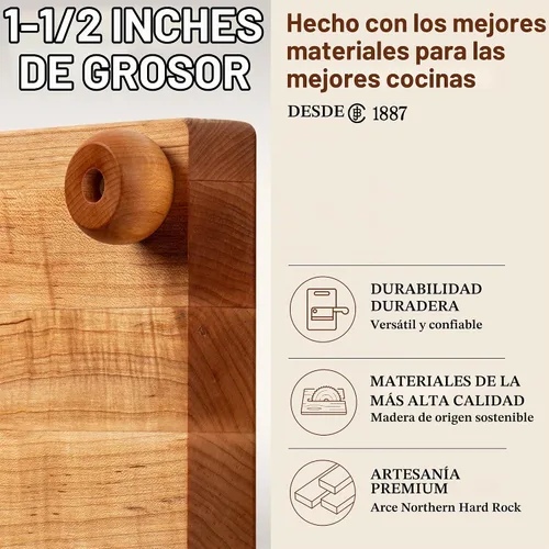 Vista 3 de John Boos Tabla de Cortar Cuadrada de Madera de Arce Serie B 12"x12" – 1.5" de Espesor, 6 libras Bloque de Carnicero No Reversible con Patas Arce