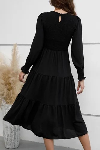 Vista 4 de ZOOMOON Vestido casual de otoño de manga larga para mujer, cuello redondo, cintura alta fruncida, vestidos largos escalonados