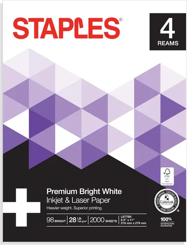 Vista 8 de Papel para Inyección de Tinta Staples – 8.5" x 11" Multiusos, 24 lbs, 98Bright, 5 Resmas/Cartón Papel blanco multiusos para impresión nítida por