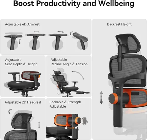 Vista 5 de Newtral Silla de oficina ergonómica, silla de escritorio de oficina en casa, silla de oficina grande y alta, soporte lumbar de seguimiento Negro