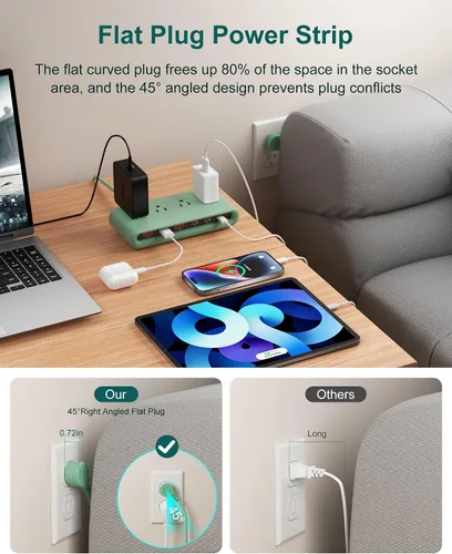 Vista 2 de Regleta de alimentación de enchufe plano 10 en 1 con USB C, estación de carga rápida PD20W con 4 salidas y 6 puertos USB