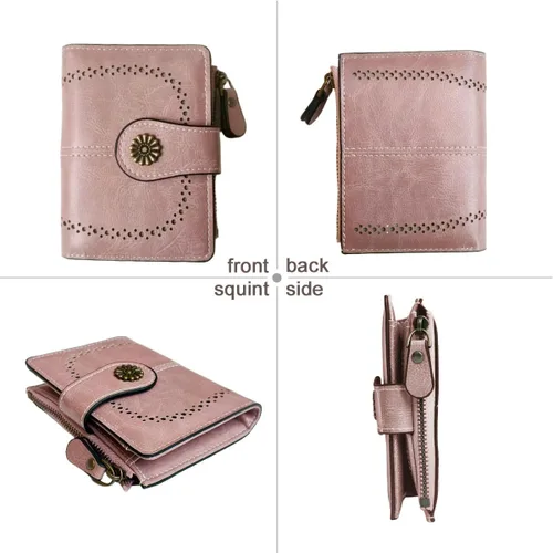 Vista 3 de Billetera para mujer, plegable, con bloqueo RFID, de cuero, tarjetero compacto con bolsillo para monedas con cremallera, Rosa, Cartera de cuero