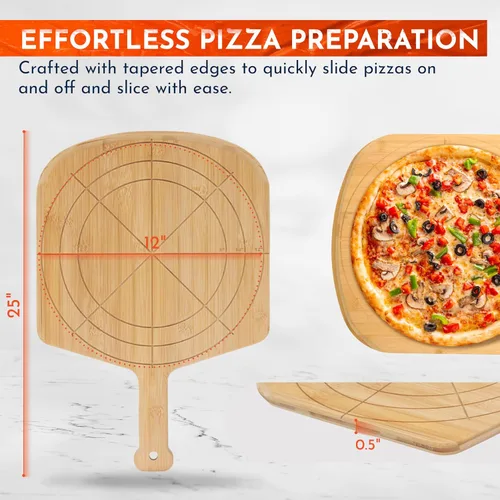 Vista 2 de Pizarra de madera de 12 pulgadas con tamaños grabados, tabla de cortar de pizza de bambú multiusos, cáscara de pizza de madera, espátula de pizza