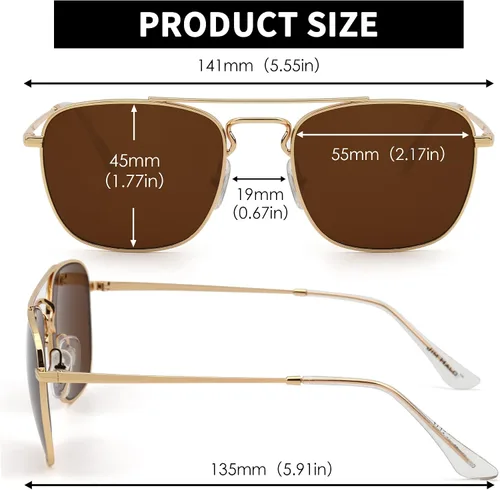 Vista 6 de JIM HALO Gafas de sol retro cuadradas estilo aviador con lente de cristal de alta calidad, gafas planas de metal para hombres y mujeres