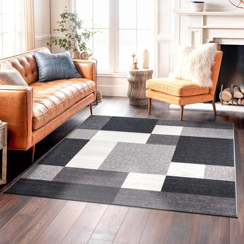 Vista 15 de Rugshop Alfombra Contemporánea Azul con Cajas Geométricas Antideslizante y sin Desprendimiento para Sala de Estar, Comedor y Oficina, 20" x 30