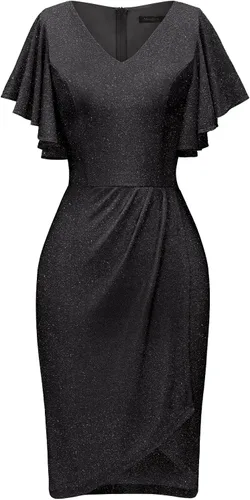 Vista 4 de Meetjen Vestido de fiesta de cóctel fruncido con cuello en V para mujer, elegante, entallado, manga con volantes, vestido de trabajo con purpurina