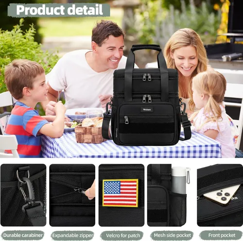 Vista 2 de Weitars Lonchera para hombres y mujeres, lonchera de doble compartimento, resistente, grande, aislada, bolsa de almuerzo táctica duradera con correa