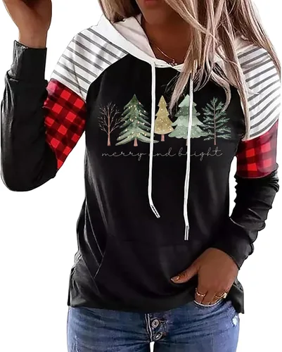 Vista 27 de LLHXRUI Sudadera de Navidad con diseño de árbol a cuadros y rayas para mujer, camiseta con bolsillo con capucha, manga larga, bloque de color Como